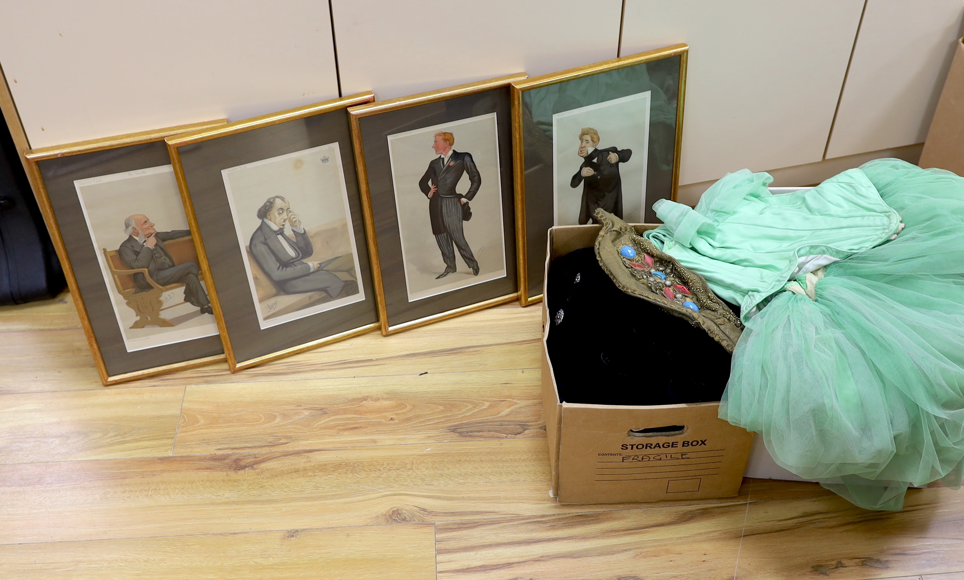 Thirteen framed Vanity Fair etc. portraits by artists including Spy, of D’Oyly Carte and Gilbert & Sullivan related characters, together with six costumes used in D’Oyly Carte Productions